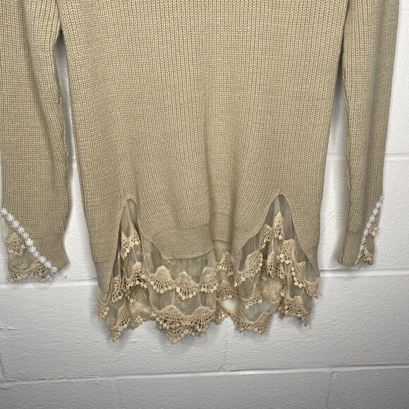 Womans Knit Tunic Lace Crochet Ruffle Hem Beige Sweater SZ ? M Embroidered Boho - Picture 5 of 11